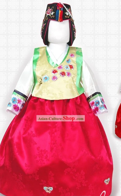 Traditional Korean Royal Hanbok and Hat Attire for Girls
