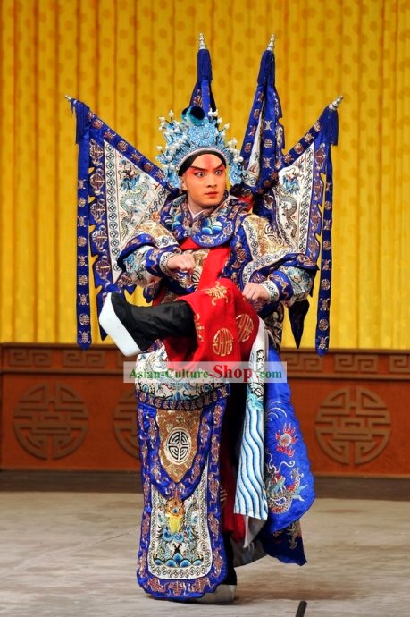 Peking Opera Wu Sheng Armor Costume and Hat and Flags