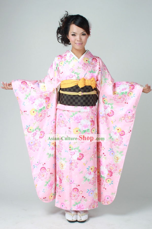 Traditional Japanese Pink Furisode Kimono Dress Obi and Geta Sandal Complete Set for Women