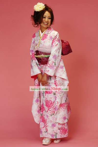 Japanese Classic Pink Furisode Kimono Dress Obi and Geta Sandal Complete Set for Women