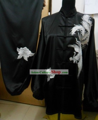 Chinese Embroidered Phoenix Black Silk Kung Fu Dress