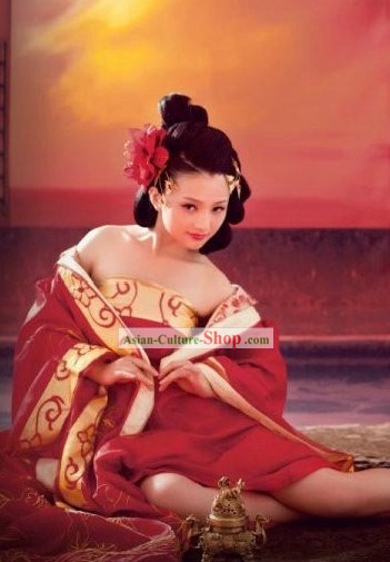 Ancient Chinese Imperial Concubine Red Costumes with Long Tail