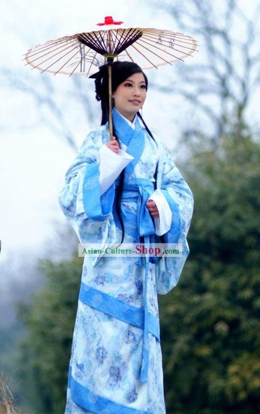 Ancient Chinese Han Dyansty Female Clothing and Umbrella Set