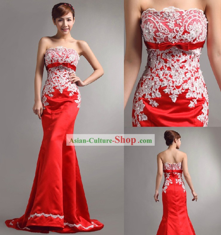 Stunning Chinese Red Bride Fish Tail Evening Dress