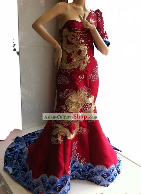 Stunning Chinese Embroidered Dragon Evening Dress for Women