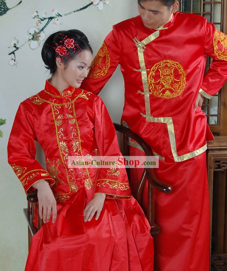 Traditional Chinese Red Wedding Clothes 2 Sets for Men and Women