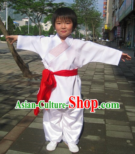 Traditional Chinese White Embroidered Lotus Kung Fu Tai Chi Uniform for Kids