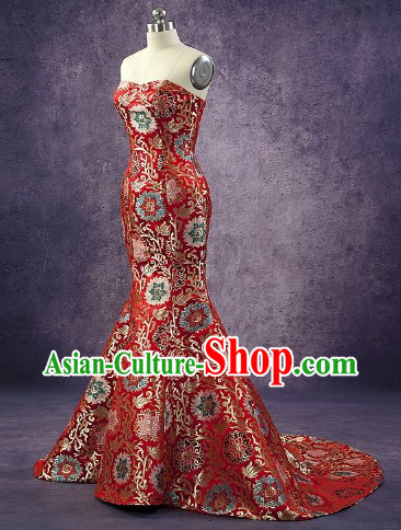 Long Tail Chinese Classic Red Wedding Dress for Women