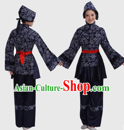 Traditional Chinese Female Farmer Costume and Headpiece for Women