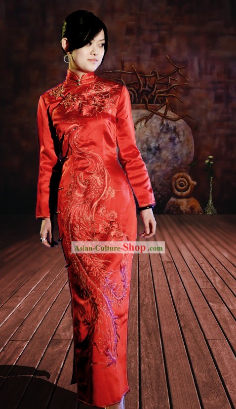 Classical Chinese Red Phoenix Qipao Clothing for Women