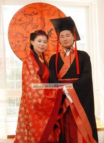 Ancient Chinese Han Dynasty Wedding Attire 2 Sets for Men and Women