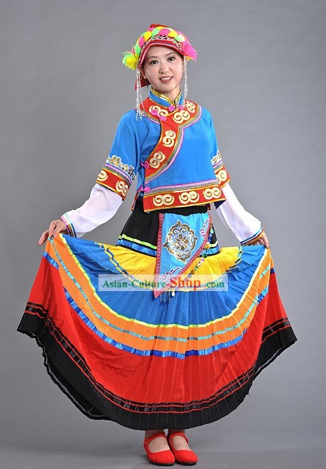 Chinese Yi Nationality Torch Festival Dance Costume and Hat for Women