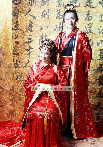Chinese Classical Wedding Dresses and Headpieces Two Sets for Men and Women
