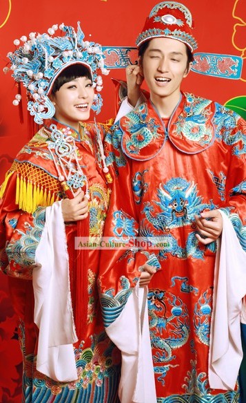 Traditional Mandarin Wedding Clothing Two Complete Sets for Bride and Bridegroom