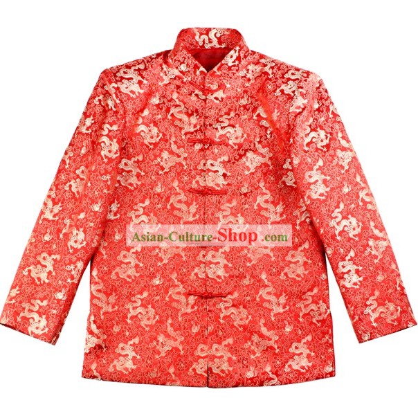 Ancient Chinese Lucky Red Dragon Wedding Blouse for Bridegrooms