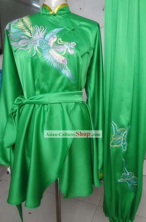 Classic Green Embroidered Phoenix Silk Martial Arts Uniform