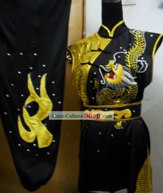Black and Gold Dragon Competition Wushu Silk Uniform