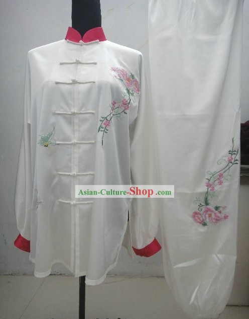 Plain White Embroidered Everflowering Rose Kung Fu Clothing Complete Set