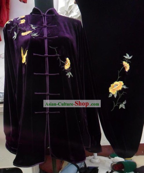 Purple Velvet Butterfly and Flower Embroidery Kung Fu Costumes Complete Set