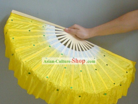 Chinese Color Transition White and Yellow Sequins Silk Dance Fan