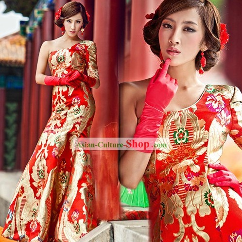 Chinese Classic Red Golden Dragon Wedding Evening Dress