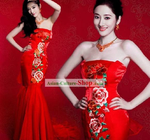 Chinese Classic Red Peony Mermaid Style Wedding Dress