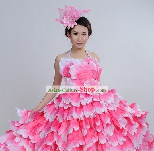 Pink Color Transition Flower Dance Costumes and Headpiece Complete Set for Women