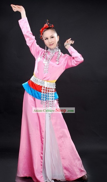Chinese Pink Ethnic Dance Costumes Complete Set for Women