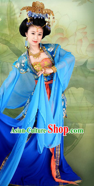 Ancient Chinese Imperial Palace Blue Long Sleeve Dance Costumes and Hair Accessories