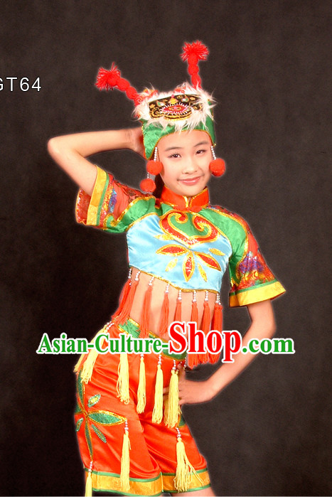 Traditional Chinese Spring Festival Celebration Dance Costume and Hat for Children
