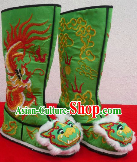 Chinese Classical Green Long Dragon Boots for Men