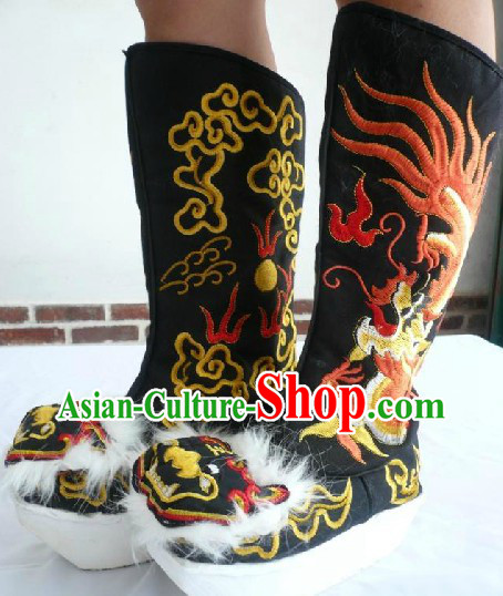 Chinese Opera General Black Embroidered Dragon Long Boots for Men