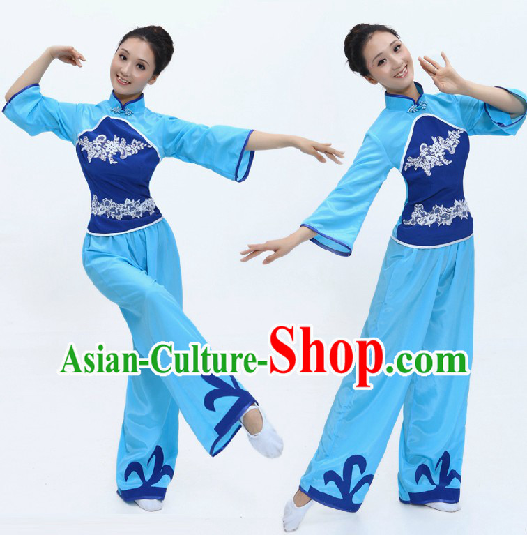Chinese Classical Blue Folk Fan Dance Costume for Women