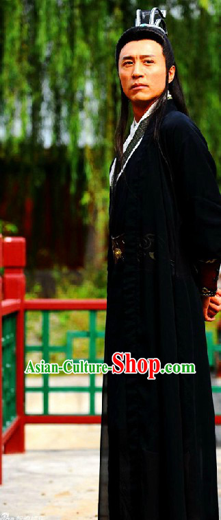 Ancient Chinese Black Costumes and Hat for Men