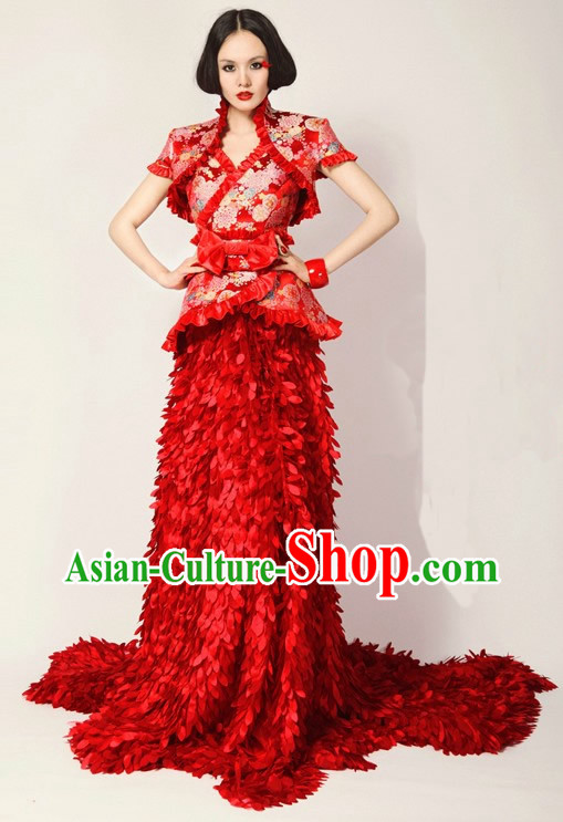 Chinese Classical Red Long Tail Wedding Evening Dress
