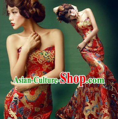 Chinese Classical Mandarin Dragon Golden Evening Dress for Women