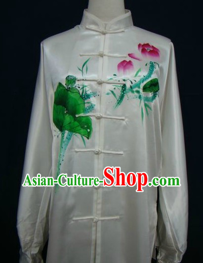 Chinese Classical White Hand Painted Lotus Kung Fu Uniform for Women