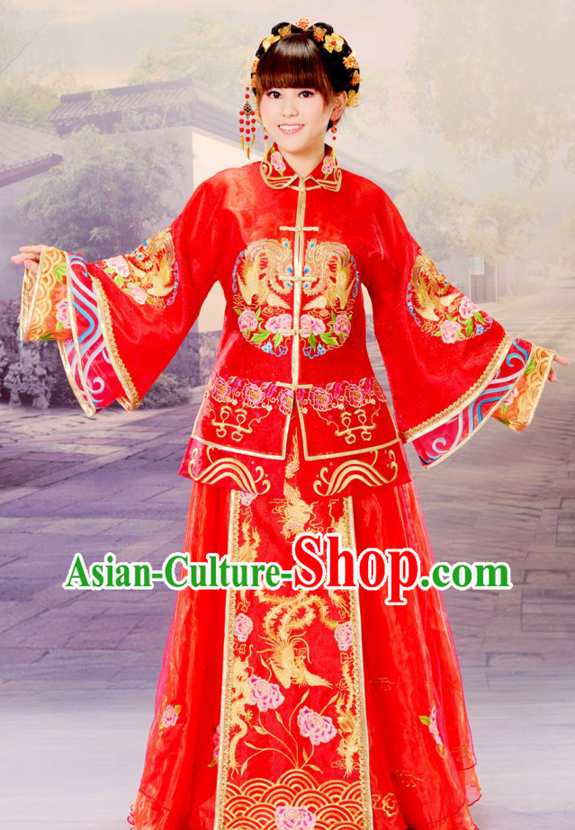 Chinese Classic Embroidered Phoenix Wedding Dress Complete Set for Brides