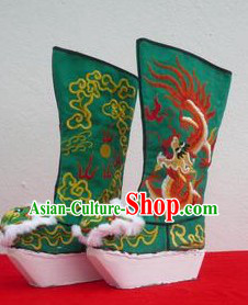 Traditional Chinese Green Embroidered Dragon High Heel Boots