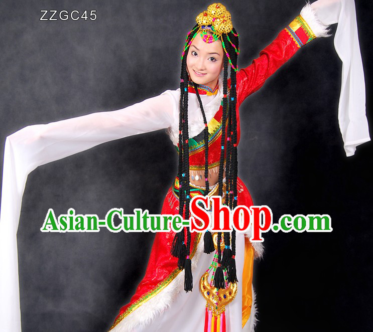 Traditional Chinese Tibetan Dance Costumes and Head Pieces for Women