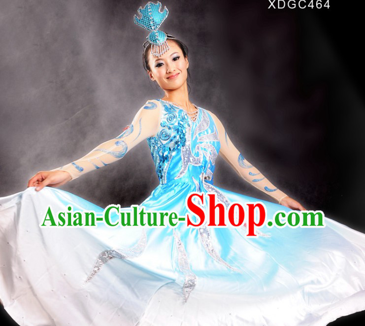 Chinese Blue Color Transition Stage Performance Opening Dance Costumes and Head Pieces