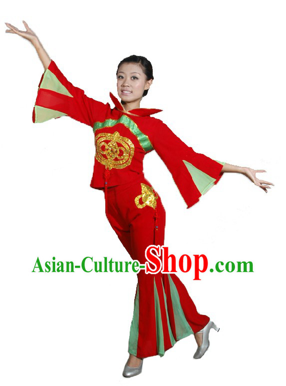 Traditional Chinese Knot Folk Red Dance Costumes and Head Piece for Women