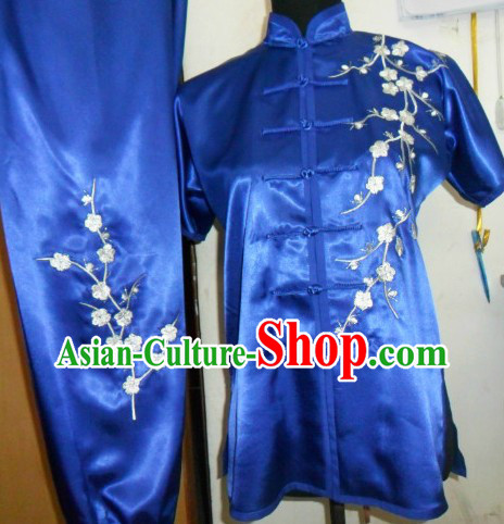 Chinese Classical Blue Embroidered Plum Blossom Tai Chi Uniform