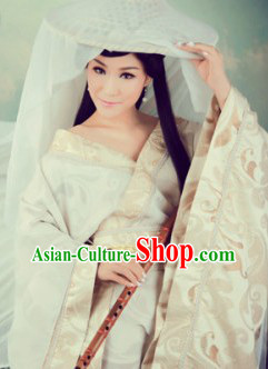 Ancient Chinese Female Swordsman White Costumes and Hat
