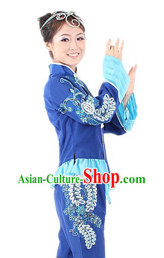 Traditional Chinese Blue Flower Fan Dancing Suit for Women