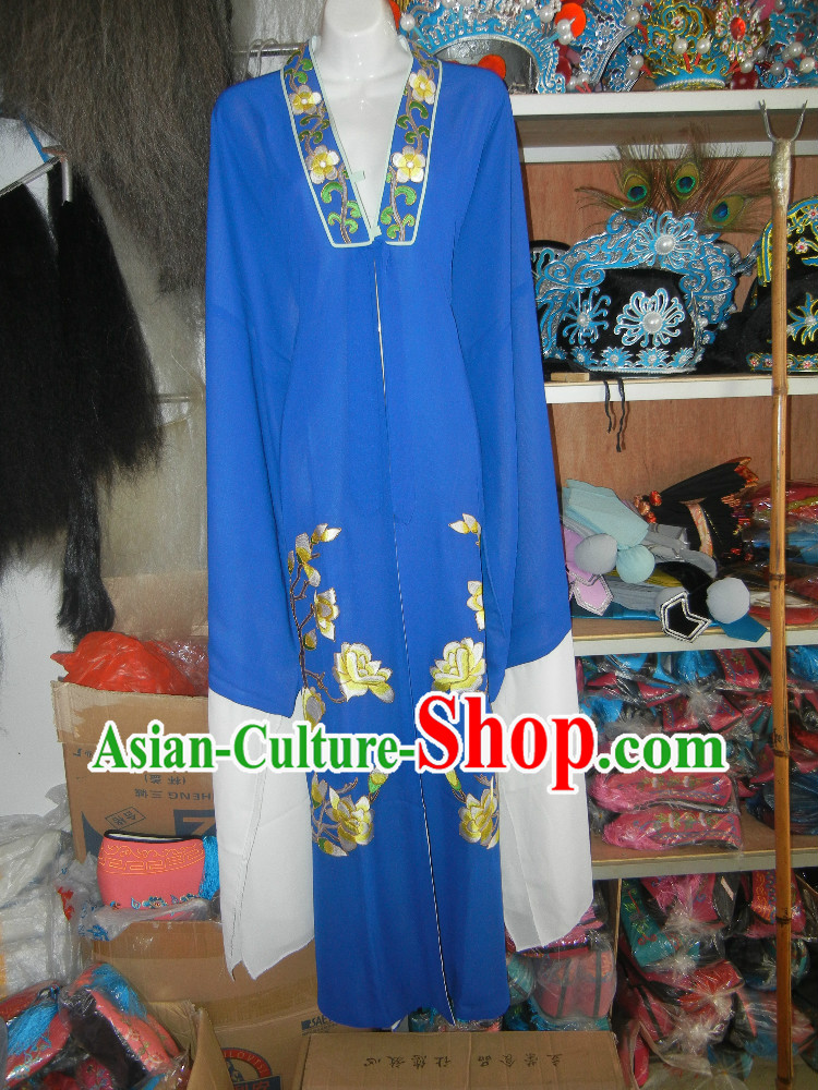 Blue Chinese Opera Stage Performance Embroidered Flower Long Robe for Men