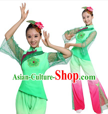 Traditional Chinese Fan Dance Costume and Headpiece for Women