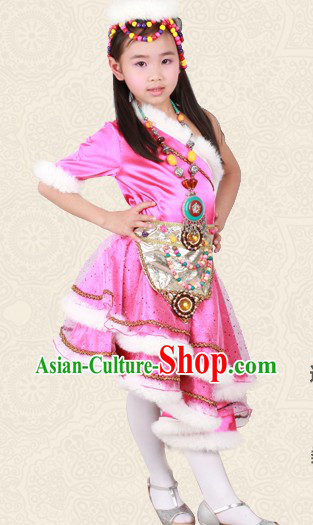 Pink Chinese Tibetan Minority Dance Costume and Headwear for Children