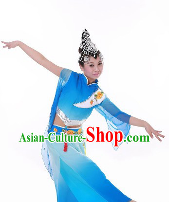 Blue Festival Celebration Stage Performance Fan Dance Costume and Headwear for Women