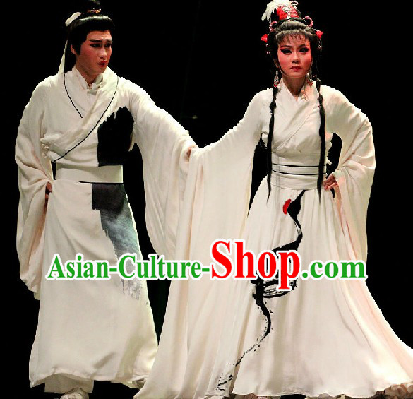 Traditional Chinese Huangmei Opera White Crane Costumes Two Complete Sets for Women and Men